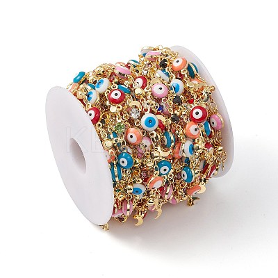 Enamel Evil Eye & Glass Flat Round Link Chains CHC-C003-22G-01-1