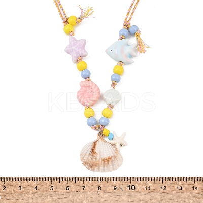 Ceramics Starfish Fish & Resin Shell Shape Pendant Adjustable Cotton Cord Necklaces for Women LS-NJEW-Z100-01A-G-1