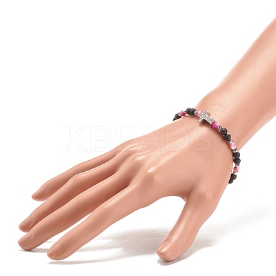 Natural & Synthetic Mixed Gemstone Beaded Stretch Bracelet with Clear Cubic Zirconia Cross for Women BJEW-JB08247-04-1