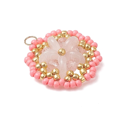 Natural Rose Quartz & Glass Seed Beaded Flower Pendants PALLOY-MZ01211-01-1