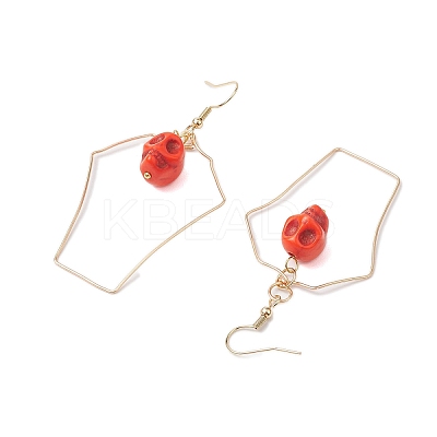 Halloween Skull Synthetic Dyed Turquoise & Copper Wire Dangle Earrings for Women EJEW-JE05884-1