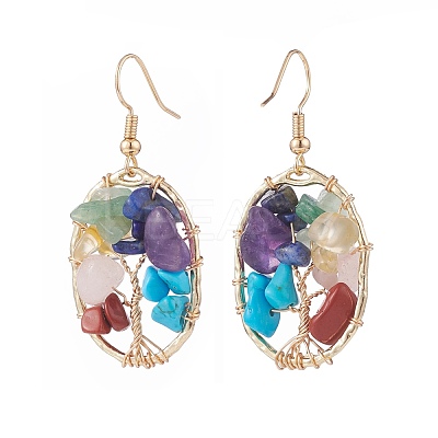 Natural & Synthetic Mixed Gemstone Chips Oval with Tree of Life Dangle Earrings EJEW-JE04880-01-1