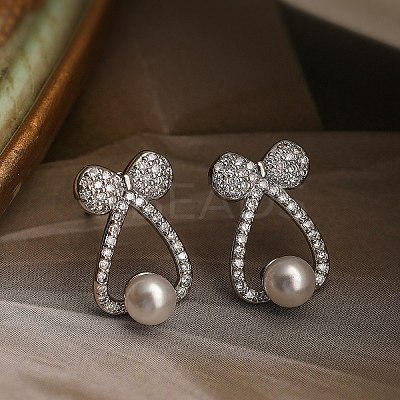 Bowknot Brass Micro Pave Clear Cubic Zirconia Stud Earrings EJEW-A110-06P-1