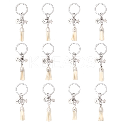 12Pcs Twelve Constellations 304 Stainless Steel Charm & Faux Suede Tassel Keyachins KEYC-JKC01309-1
