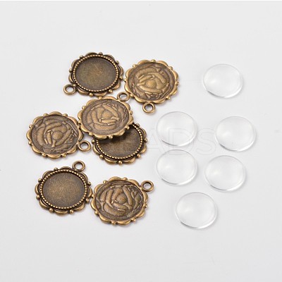 Flower Alloy Pendant Cabochon Settings and Half Round/Dome Clear Glass Cabochons DIY-X0221-AB-FF-1