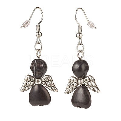 Synthetic Turquoise Skull with Wings Dangle Earrings EJEW-JE04944-03-1