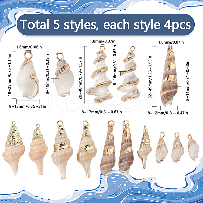 20Pcs 5 Styles Electroplate Shell Shapes Pendants SHEL-SC0001-58-1