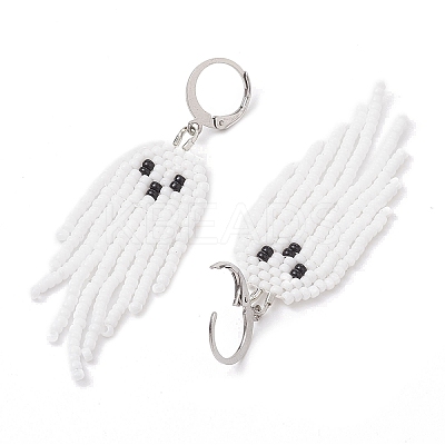 Halloween Woven MIYUKI Seed Beads Ghost Hoop Earrings EJEW-JE05854-01-1
