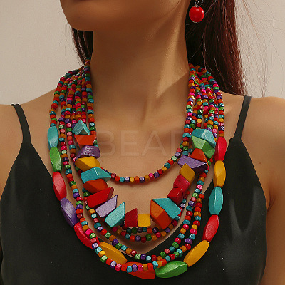 Bohemian Style Wood Beaded Multilayer Necklaces & Dangle Earrings Sets WG33684-01-1