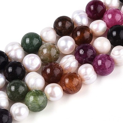 Dyed Natural White Jade Round & Natural Cultured Freshwater Pearl Grooved Potato Beads Strands PEAR-N019-04-1