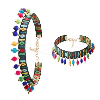 Cloth Embroidery Band with Colorful Wool Pom Pom Ball Tassel Choker Necklaces for Women FS-WG50431-01-1