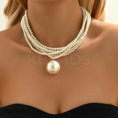 Plastic Imitation Pearl Round Ball Pendant Multi-Strand Beaded Necklaces FS-WG3508B-01-1