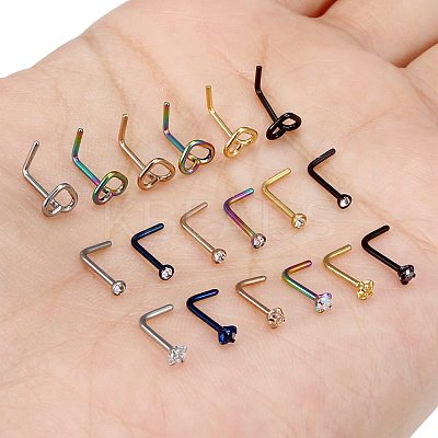 316L Surgical Stainless Steel Pave Cubic Zirconia Heart Square Flat Round L-Shaped Nose Rings FS-WGD0B52-01-1