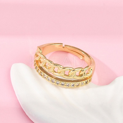 Curb Chain Style Brass Micro Pave Clear Cubic Zirconia Open Cuff Rings for Women RJEW-G343-07G-1