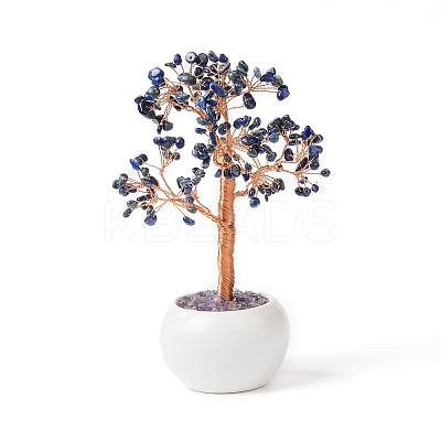 Natural Lapis Lazuli Chips with Brass Wrapped Wire Money Tree on Ceramic Vase Display Decorations DJEW-B007-02C-1