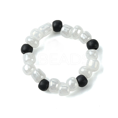 Round Synthetic Turquoise with Glass Seeded Beaded Stretch Rings for Women RJEW-JR00707-02-1