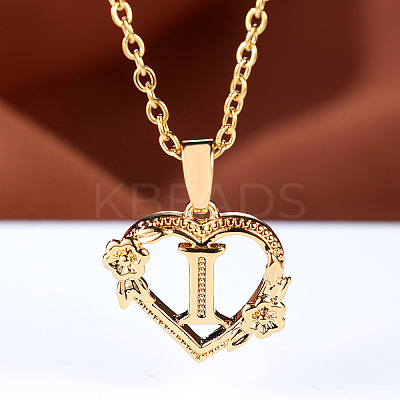 Brass Rose Flower Heart with Letter Pendant Cable Chain Necklaces FS-WG42461-09-1