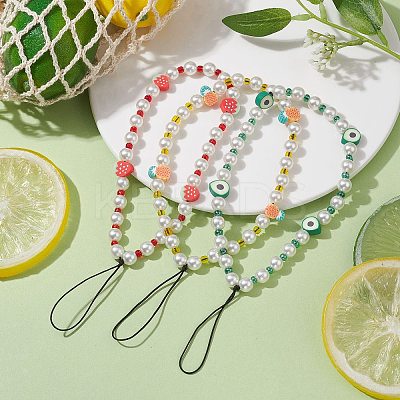 3Pcs Fruits Polymer Clay & Imitated Pearl & Glass Beaded Mobile Straps HJEW-JM01641-1