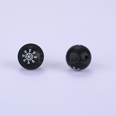 Christmas Printed Round with Snowflake Pattern Silicone Focal Beads SI-JX0056A-124-1