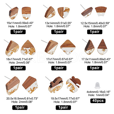 8 Pairs 8 Style Transparent Resin & Walnut Wood Stud Earring RESI-FH0001-43-1