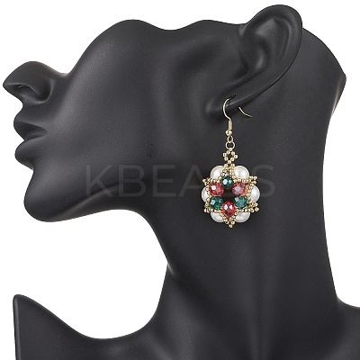 Flower Glass & Shell Pearl & Glass Seed Dangle Earrings EJEW-TA00719-1
