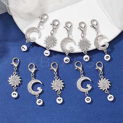 10Pcs 10 Style Moon Sun Alloy Rhinestone Pendant Locking Stitch Markers with Acrylic Number HJEW-JM01482-1