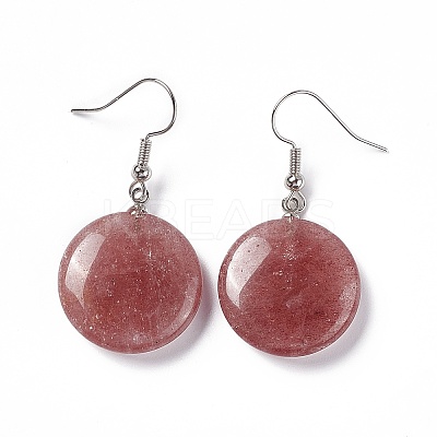 Natural Strawberry Quartz Flat Round Dangle Earrings EJEW-D188-03P-05-1
