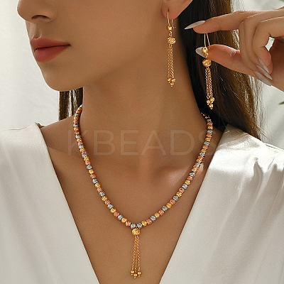 Vintage Brass Round Beaded Tassel Necklace & Earrings for Women KV0699-1