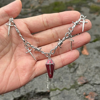 Halloween Alloy Spiked Thorns Link Dark Red Coffin Shaped Pendant Necklaces for Women LS-NJEW-K294-01P-1