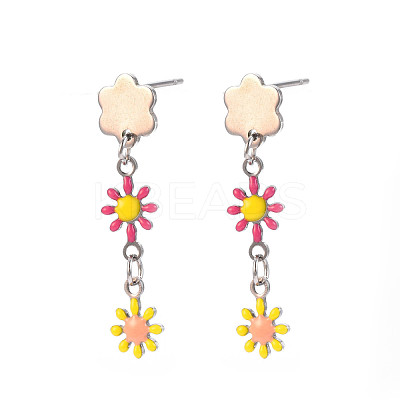 Enamel Flower Long Dangle Stud Earrings EJEW-N049-04C-1