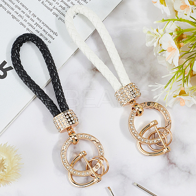 2Pcs 2 Colors PU Leather and Alloy Rhinestone Braided Keychain KEYC-CL0001-16-1