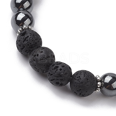 8mm Round Synthetic Non-Magnetic Hematite & Natural Lava Rock Beaded Stretch Bracelets for Women Men BJEW-JB10533-04-1