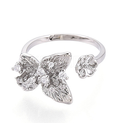 Butterfly Brass Micro Pave Clear Cubic Zirconia Cuff Ring Settings KK-T076-54P-1