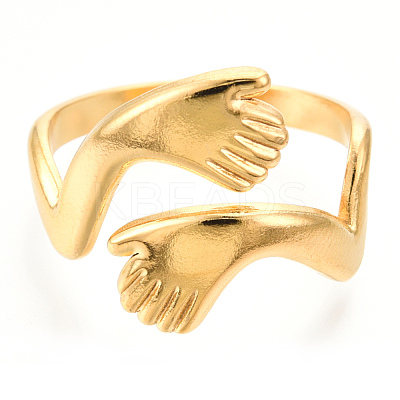 Ion Plating(IP) 304 Stainless Steel Hugging Hand Cuff Rings RJEW-N038-119LG-1