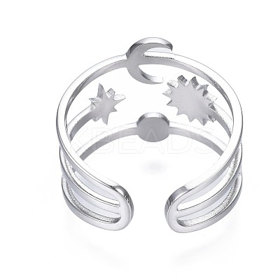 Non-Tarnish 304 Stainless Steel Moon and Star Open Cuff Ring RJEW-T023-32P-1