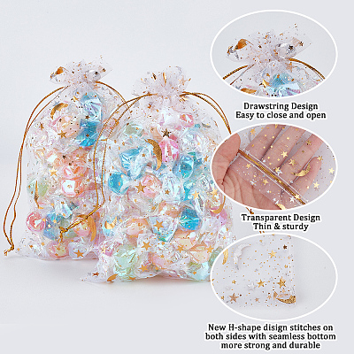 50Pcs Gold Stamping Moon & Star Organza Drawstring Gift Storage Bags OP-BBC0001-03B-01-1