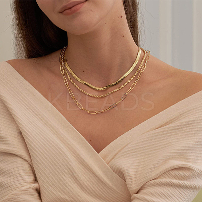 3Pcs 3 Styles Brass Chain Stackable Nacklaces Set NJEW-BBC0001-30-1