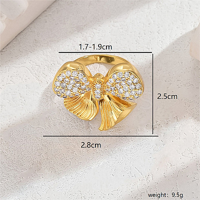 Exaggerated European and American Bowknot Brass Micro Pave Clear Cubic Zirconia Finger Rings for Women QU2931-2-1
