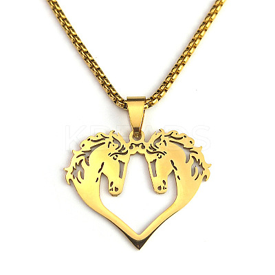 Hip-hop Style 201 Stainless Steel Laser Cut Double Horse Heart Pendant Necklaces FS-WGDE3BC-02-1