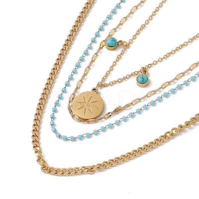 Synthetic Turquoise Sun Pendant Multi Layered Necklace with Plastic Beaded NJEW-P269-18B-G-1