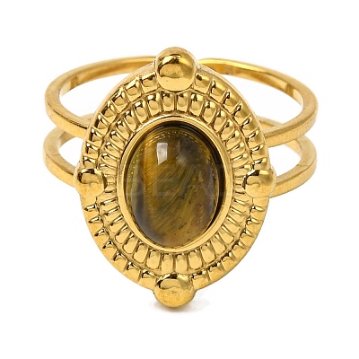 Oval Natural Tiger Eye Finger Rings RJEW-Q822-51G-01-1