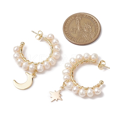 Moon & Star Natural Pearl Dangle Half Hoop Earrings EJEW-JE05895-02-1