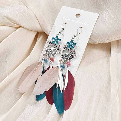 Flower & Feather Alloy Chandelier Earrings EJEW-G426-04AS-1