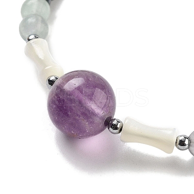 Natural Fluorite Round & Synthetic Non-magnetic Hematite & White Shell Beaded Bracelets for Women BJEW-K251-02B-1