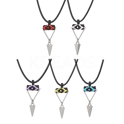 Cylinder Seed Beaded Evil Eye & Alloy Pyramid Cone Pendant Necklaces NJEW-MZ00105-1