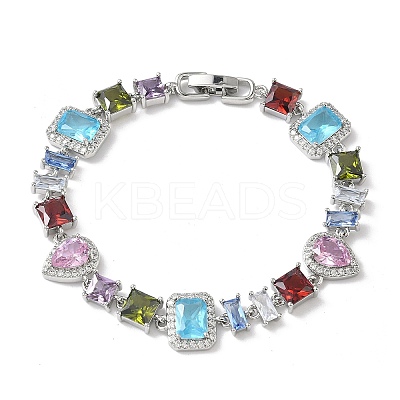 Brass Micro Pave Colorful Cubic Zirconia Rectangle & Square & Teardrop Link Chain Bracelets for Women BJEW-G764-07P-1