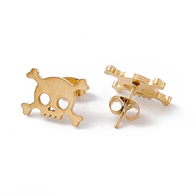304 Stainless Steel Tiny Hollow Out Skull Stud Earrings for Women STAS-A065-06G-1