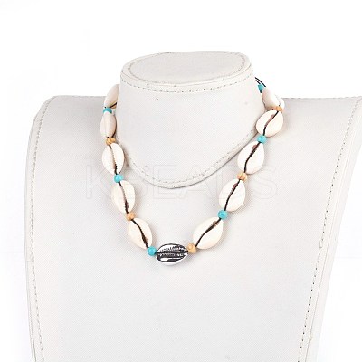 Adjustable Cowrie Shell and Synthetic Turquoise Beaded Necklaces NJEW-JN02300-01-1