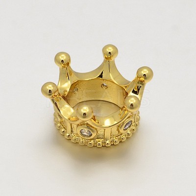 Real 24K Gold Plated Big Hole CZ Brass Micro Pave Grade AAA Cubic Zirconia 3D Crown Beads KK-O064-03-NR-1