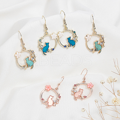 3 Pairs 3 Colors Resin Flower & Enamel Cat & Rhinestone Star Dangle Earrings EJEW-AN0001-88-1